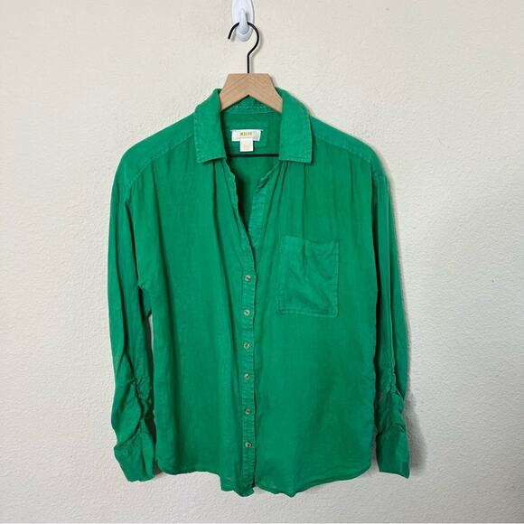 Anthropologie Maeve Linen Buttondown Kelley Green Patch Picket Womens Size S - Picture 4 of 9
